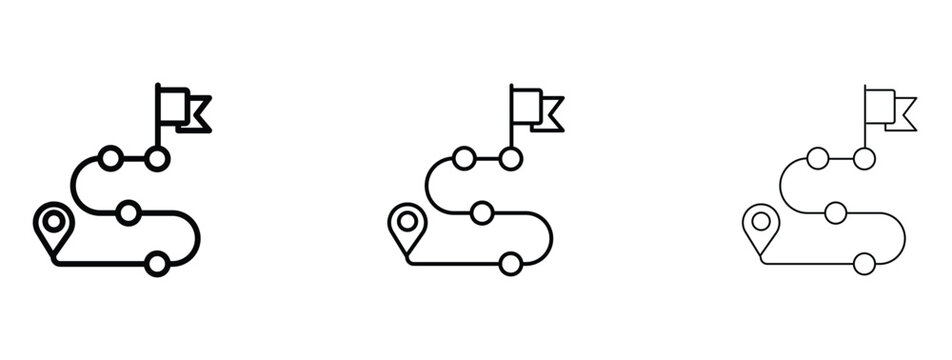 Roadmap line icon set, path with pin and flag symbols, business strategy and navigation journey vector elements in three stroke weights