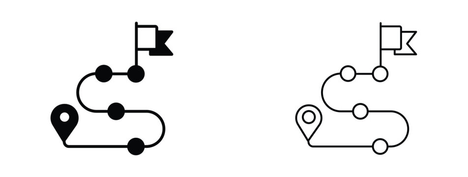 Roadmap icon set with flag and pin markers, winding path navigation vector, business strategy timeline and milestone tracking symbols