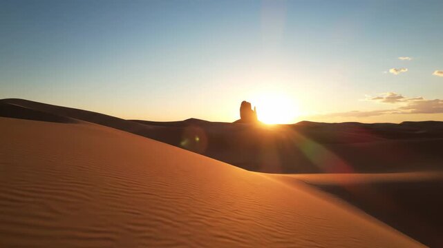 Golden sunrise illuminates the vast sandy landscape of Monument Valley featuring iconic desert mesa rock formations