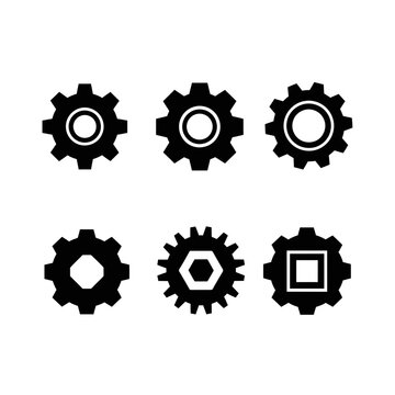 Set of Six Black Cogwheel Icons with Different Geometric Centers
