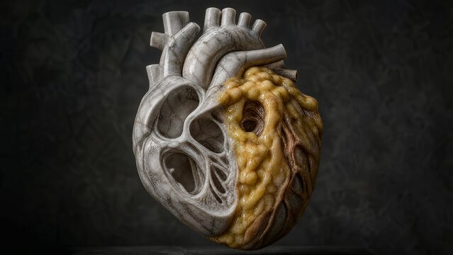 A marble-sculpted human heart cross-section with a glossy, fatty texture encroaching on one side.