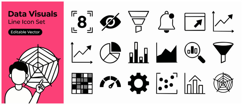 Data visualization line icons set featuring business analytics charts, financial diagrams, and dashboard vector graphic elements for UI design, presentations, and market research report infographics