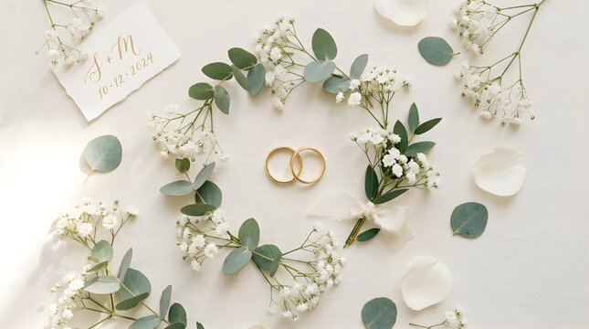 Wedding rings on white lace with floral bouquet and pearls romantic flat lay composition