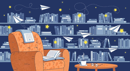 Cozy Reading Corner with Bookshelf and Armchair ©  Zayn Alvaro Sebasti