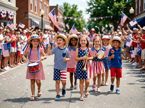 A group of happy children in festive attire march in a joyful parade holding American flags and instruments.