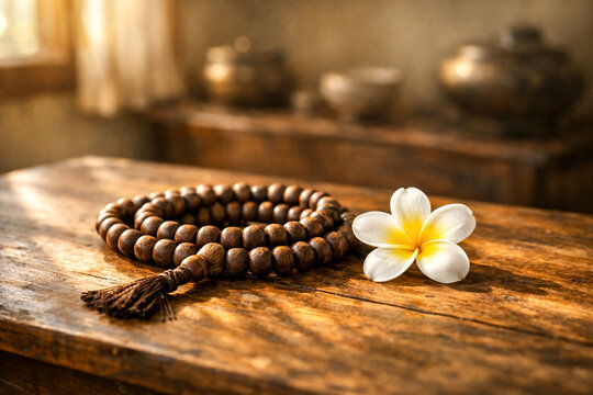 Mala Beads, Plumeria Flower on Rustic Wood for Meditation & Wellness