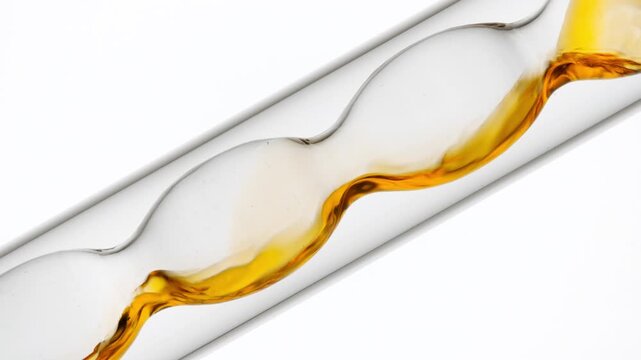 Prominent close shot of transparent orange fluid being poured and filling up inclined bulb lab condenser on a solid white surface