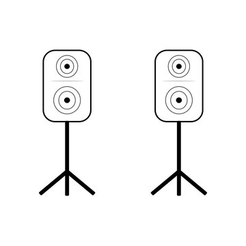 Pair of audio speakers on tripod stands vector silhouette illustration. Black acoustic sound system set for concert, live music stage, wedding event, and DJ party