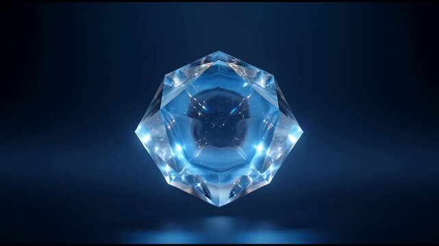 Polished glass spheres and geometric crystal formations glowing with radiant internal light on dark blue surfaces