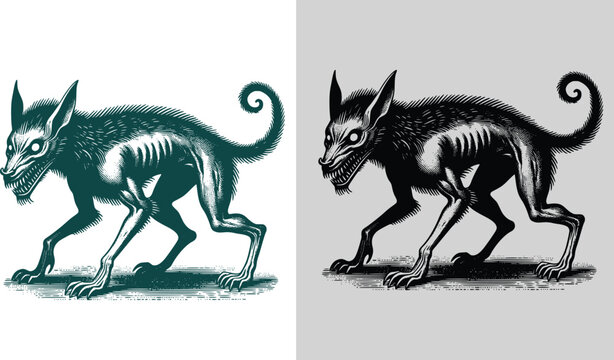 Vintage Creepy Skeletal Dog Engraving Vector Illustration