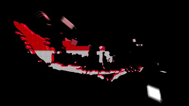 Indonesia map animation forming with national flag colors on black background.
