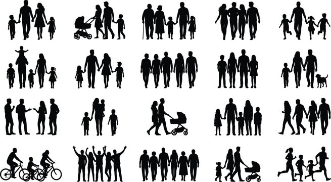 Silhouette collection of active families with strollers bicycles walking running and holding hands on a white background