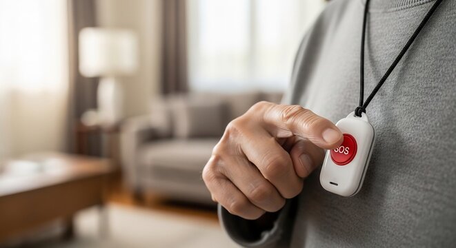 Close Up Adult Pressing Sos Emergency Pendant in Cozy Living Room