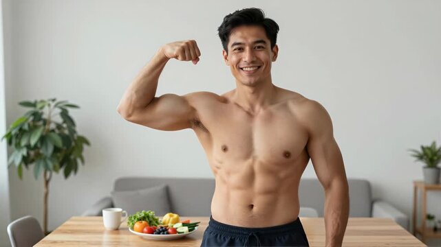 Smiling Muscular Asian Man Flexing Biceps and Abs in Home Setting with Healthy Food