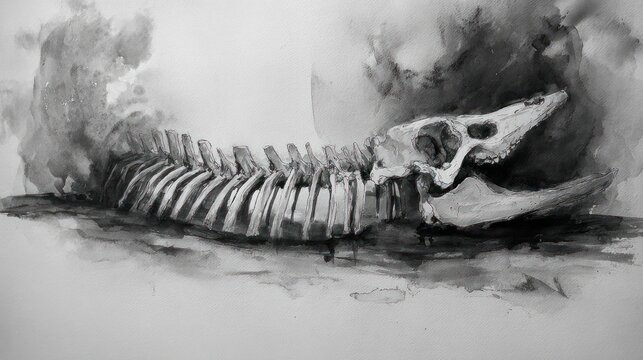 Monochrome artwork of a plesiosaur skeleton against a dark background
