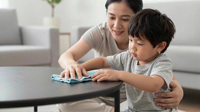 Asian Mother and Son Cleaning Table Together, Learning Household Chore