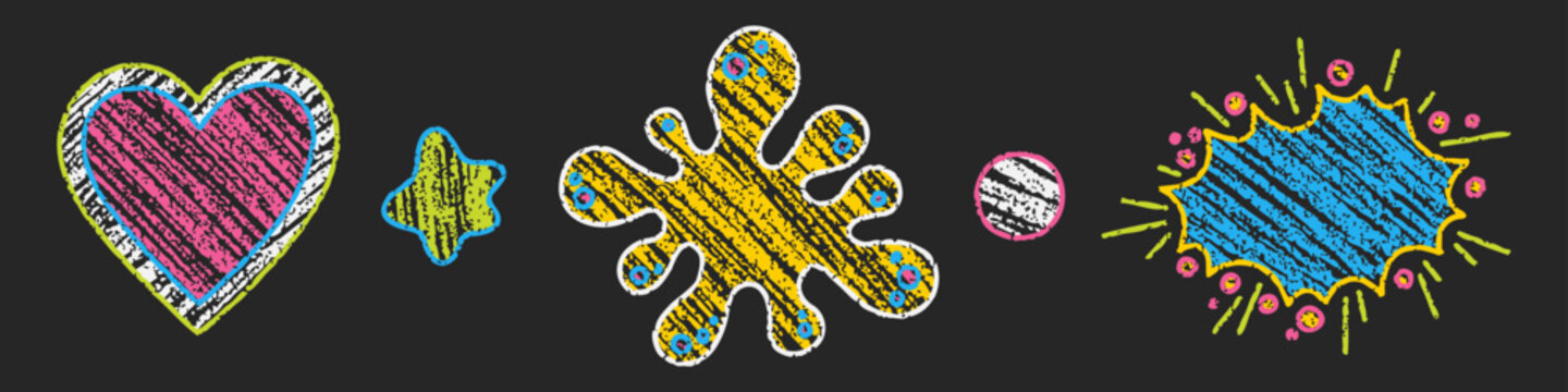 Playful crayon doodles with pink heart and yellow splat on blackboard.