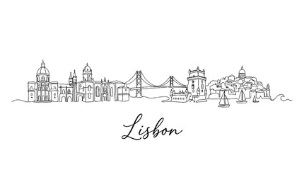 Fototapeta premium Minimalist sketch of Lisbon skyline highlighting historic architecture and iconic bridges along the waterfront