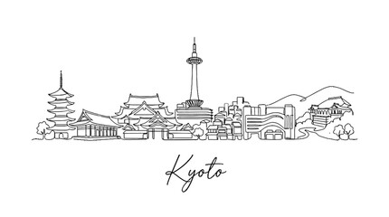 Obraz premium Line Art Illustration of Kyoto Cityscape Featuring Traditional Pagodas and Modern Tower