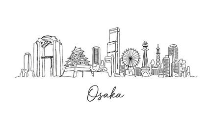 Naklejka premium Minimalist line art illustration of Osaka city skyline showcasing iconic architecture and landmark structures
