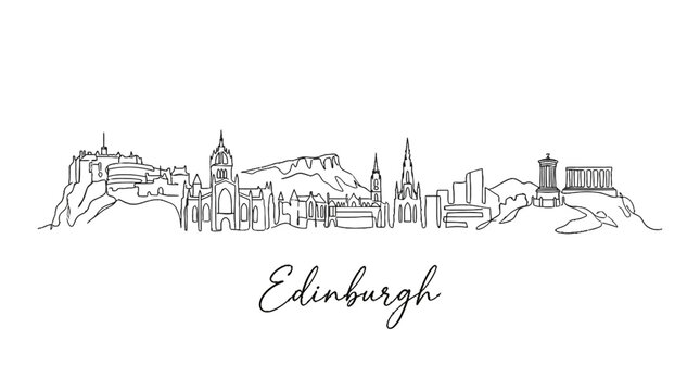 Minimalist black and white line drawing of Edinburgh skyline showcasing historic landmarks