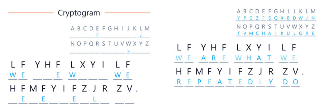 Cryptogram puzzle with symbols and letters on white background  