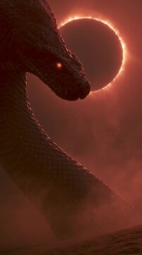 Apep emerges from an endless black desert during a solar eclipse. Crimson light glints off colossal scales as glowing eyes pierce a raging sandstorm in an apocalyptic mythic scene.