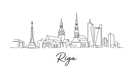 Fototapeta premium Elegant minimalistic black line art skyline of Riga featuring iconic landmarks and modern architecture capturing city?s vibrant