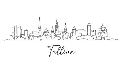 Obraz premium Stylized skyline illustration of Tallinn featuring iconic landmarks and historic architecture with handwritten city name in