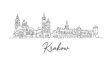 Fototapeta premium Elegant minimalist line drawing of Krakow's historic skyline showcasing iconic castles churches and towers with intricate