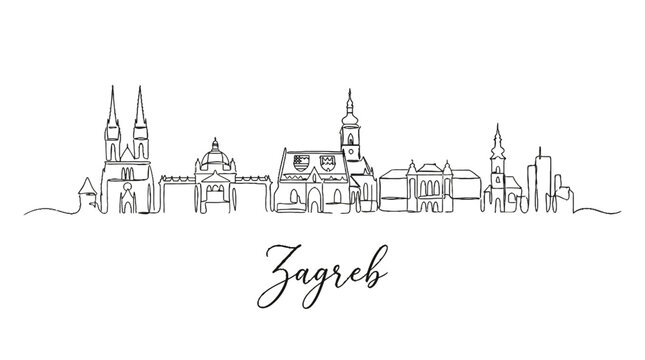 Elegant minimalistic line art illustration of zagreb skyline showcasing historic buildings and cityscape design for urban art