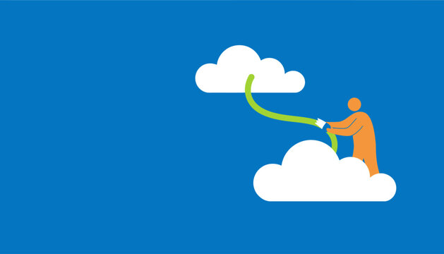 Person on cloud connecting to another cloud with a green cable, representing cloud computing and data transfer