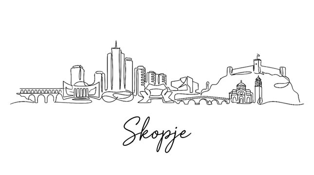 Minimalist continuous line drawing of skopje city skyline featuring iconic landmarks and urban landscape elements