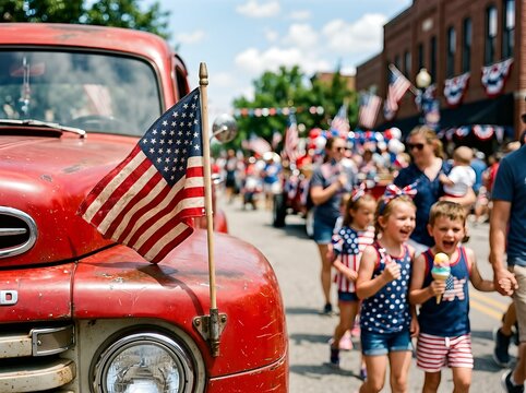 A classic red truck with an American flag leads a joyful Fourth of July parade.