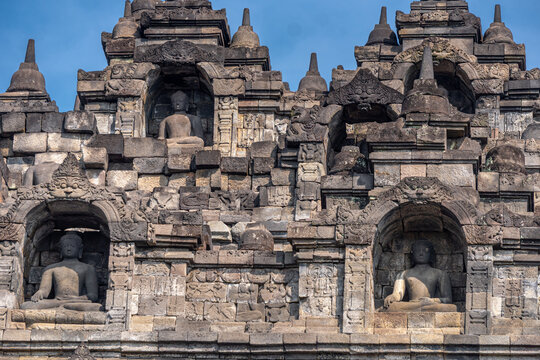 Borobudur or Barabudur, a Mahayana Buddhist temple in Magelang Regency, Java, Indonesia