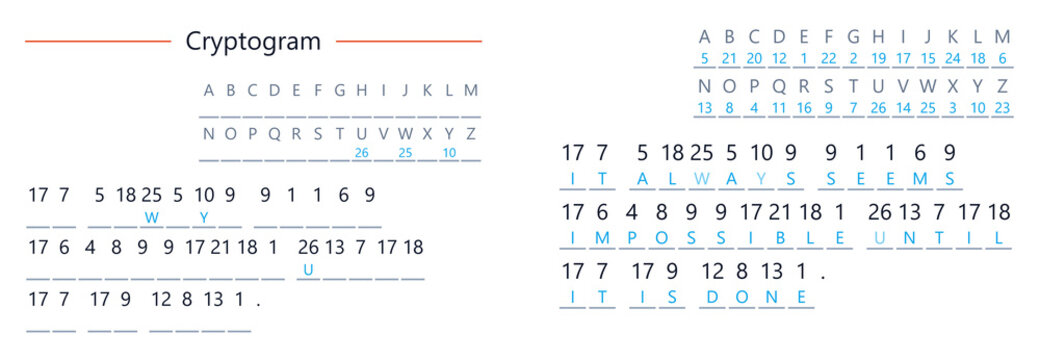 Cryptogram puzzle with letter substitution and decoding key chart  