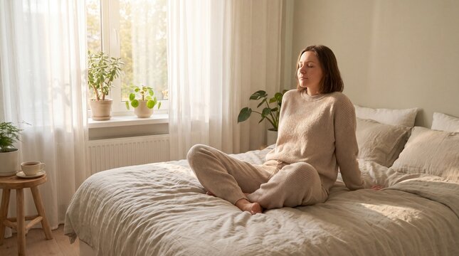 young woman sitting on bed