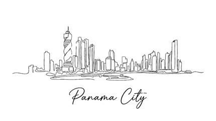 Fototapeta premium Minimalist Line Drawing of Panama City Skyline with Prominent Skyscrapers and Coastal Outline