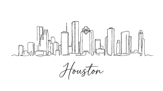 Minimalist Line Drawing of Houston Skyline with Elegant Handwritten Name Featuring Modern High-Rise Buildings