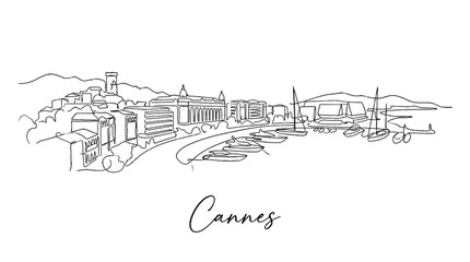 Fototapeta premium Minimalist Line Drawing of Cannes Coastal Cityscape with Yacht Marina and Hills