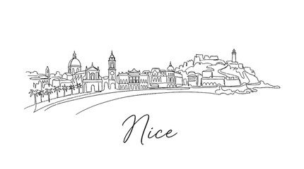 Fototapeta premium Elegant line art illustration of the historic cityscape of Nice with iconic landmarks and scenic coastal views in a minimalistic