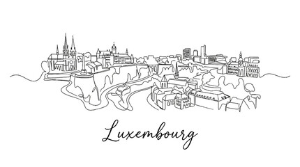 Fototapeta premium Minimalist black and white line drawing of Luxembourg cityscape capturing historic landmarks and urban skyline in a sleek