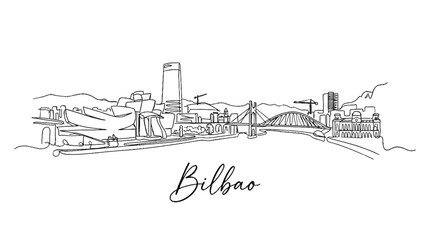 Obraz premium Minimalist black and white sketch capturing the dynamic skyline of Bilbao cityscape with architectural landmarks and urban