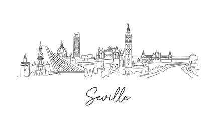 Naklejka premium Minimalist Line Art Illustration of the Seville City Skyline Featuring Iconic Landmarks and Modern Architecture