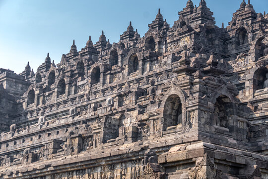 Ancient ruins of Borobudur, a 9th-century Mahayana Buddhist temple in Magelang Regency near Yogyakarta in Central Java, Indonesia