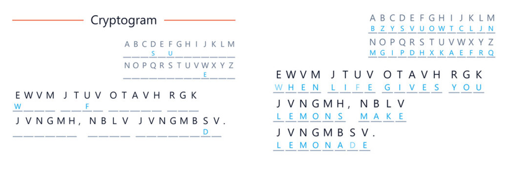 Cipher text with encoded letters and decoded content on white background  