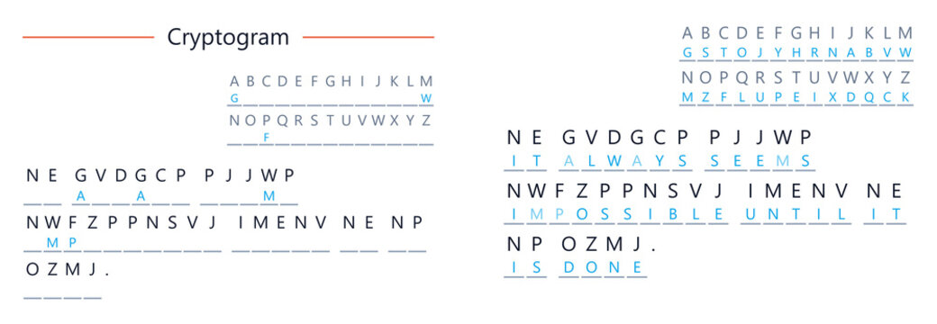 Cryptogram with encoded text and alphabet key for decryption  