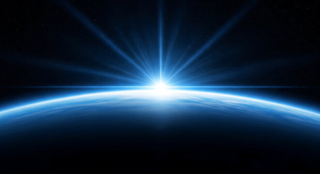 Radiant cosmic glow illuminating Earth from space with dramatic sun flare and deep blue planet atmosphere for futuristic science and space visuals