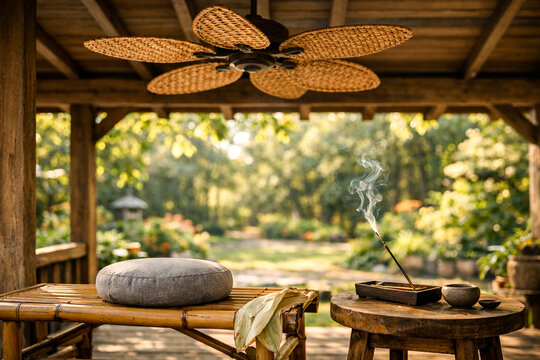 Tranquil Outdoor Pavilion: Incense, Meditation Cushion, Nature