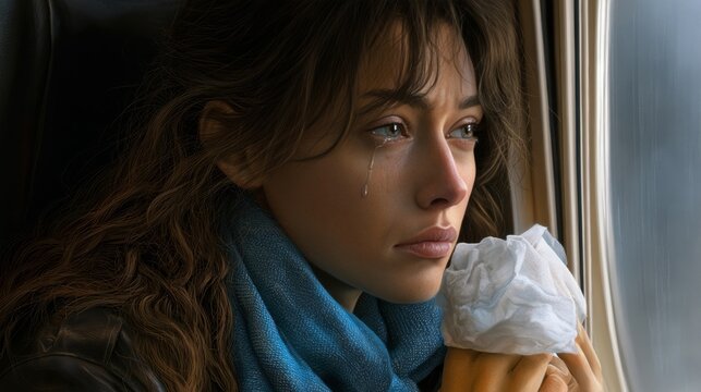 Young woman crying while looking out a window, holding a tissue